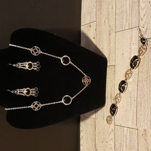 Black and Silver-Tone Three Piece Jewelry Set (Earrings, Bracelet, Necklace)